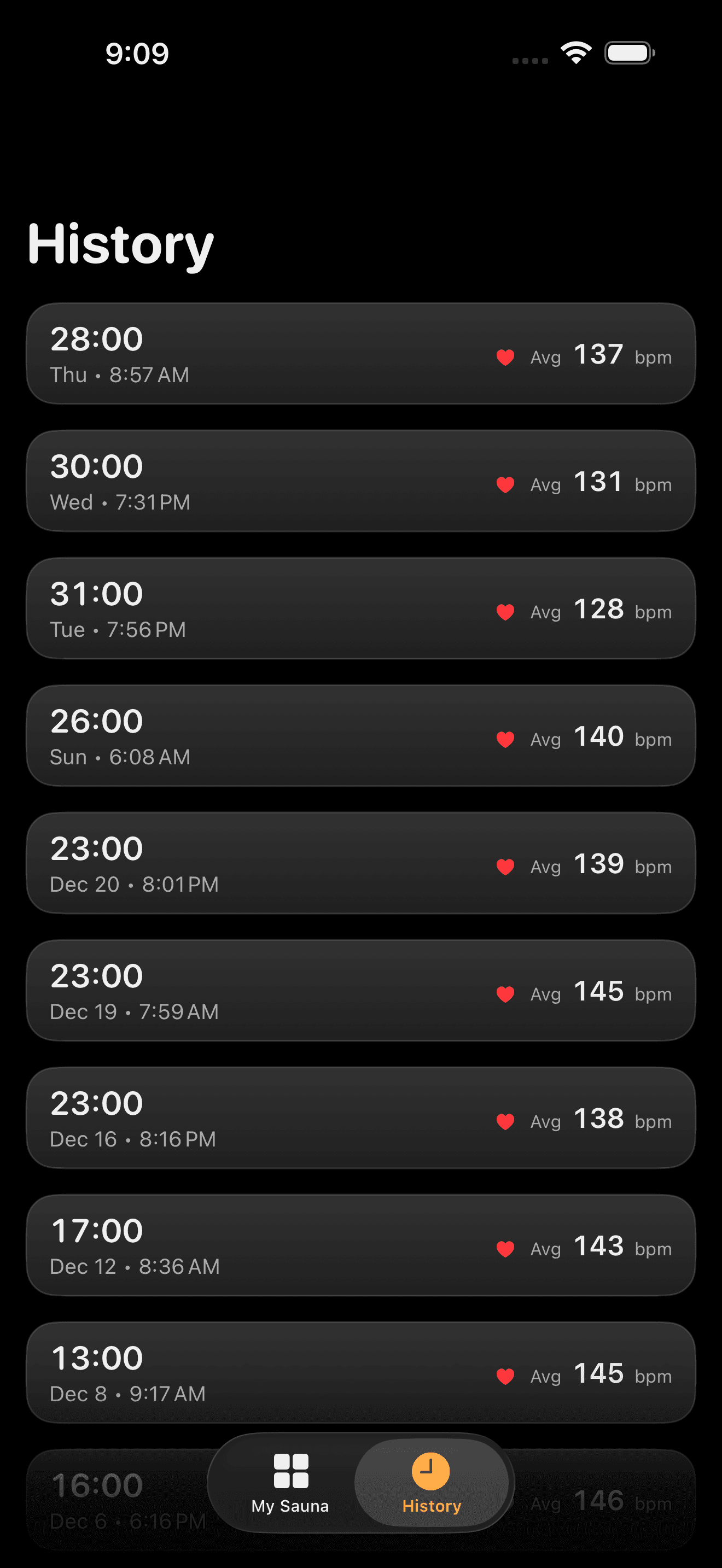 SaunaPulse session history list